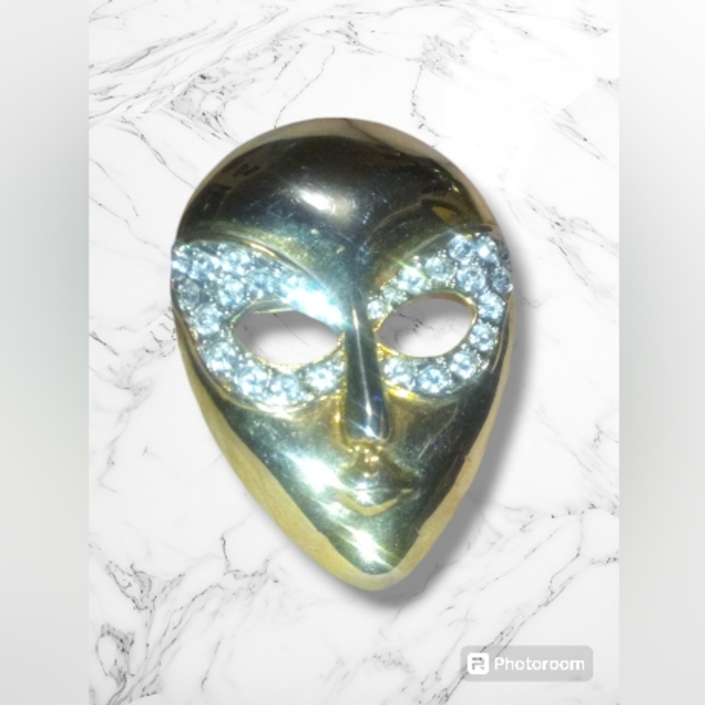 "Butler" Vintage Women's Gold Toned Rhinestone Masquerade Mask Brooch Pin